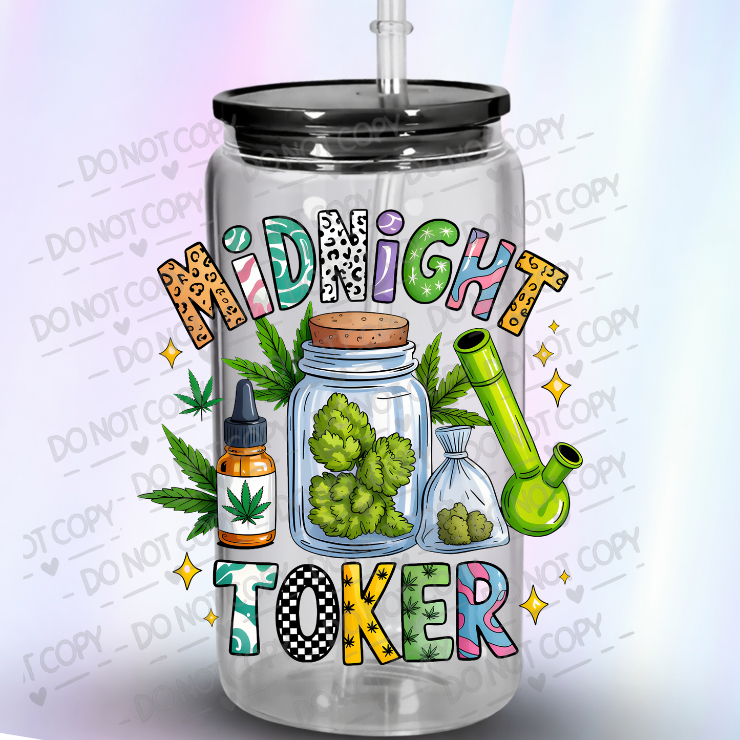 Midnight Toker Cannabis Themed Design with Glass Jar and Bong UV DTF Decal