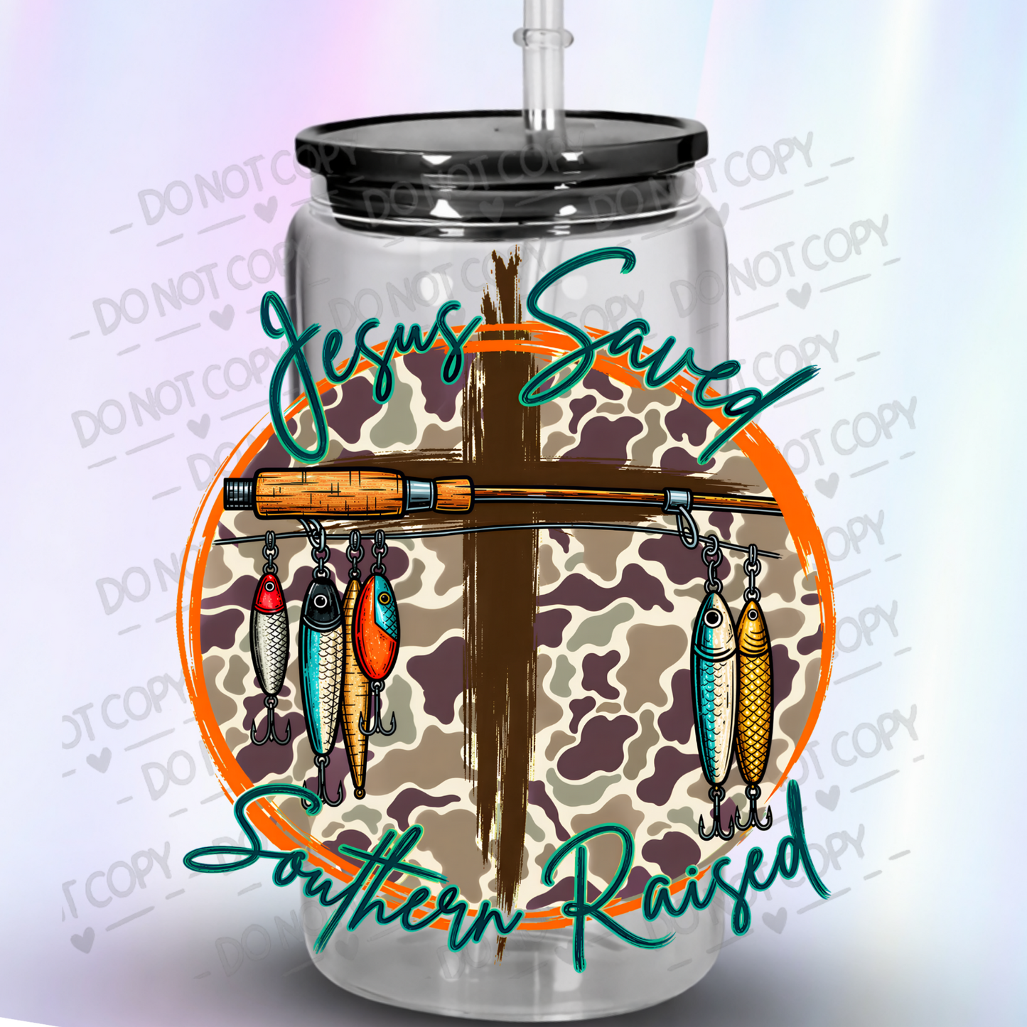 Jesus Saved Southern Raised Fishing Lures Cross Camo UV DTF Decal
