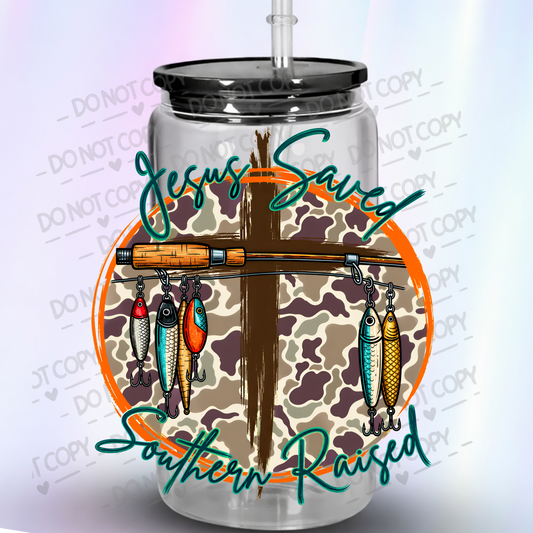 Jesus Saved Southern Raised Fishing Lures Cross Camo UV DTF Decal