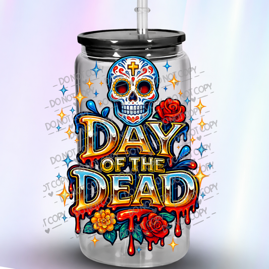 Day of the Dead Sugar Skull with Dripping Text and Roses UV DTF Decal
