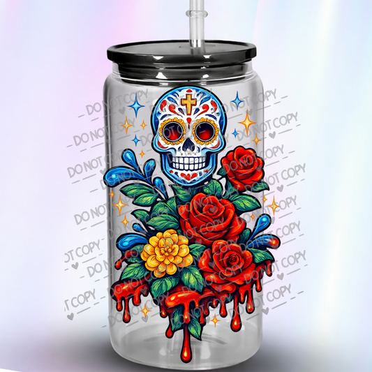 Day of the Dead Sugar Skull with Red Roses and Blood Drips UV DTF Decal