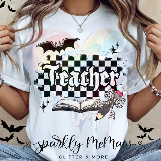 Spooky Teacher Checkered Ready to Press DTF Transfer (Fabrics only)
