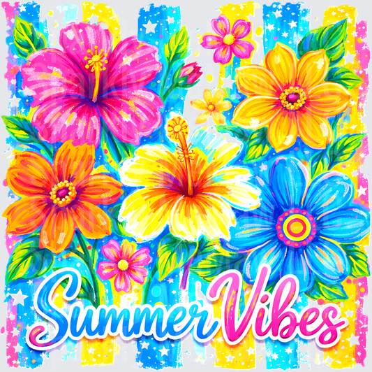 Summer Vibes Tropical Hibiscus Flowers Colorful Paint Splash UV DTF Decal
