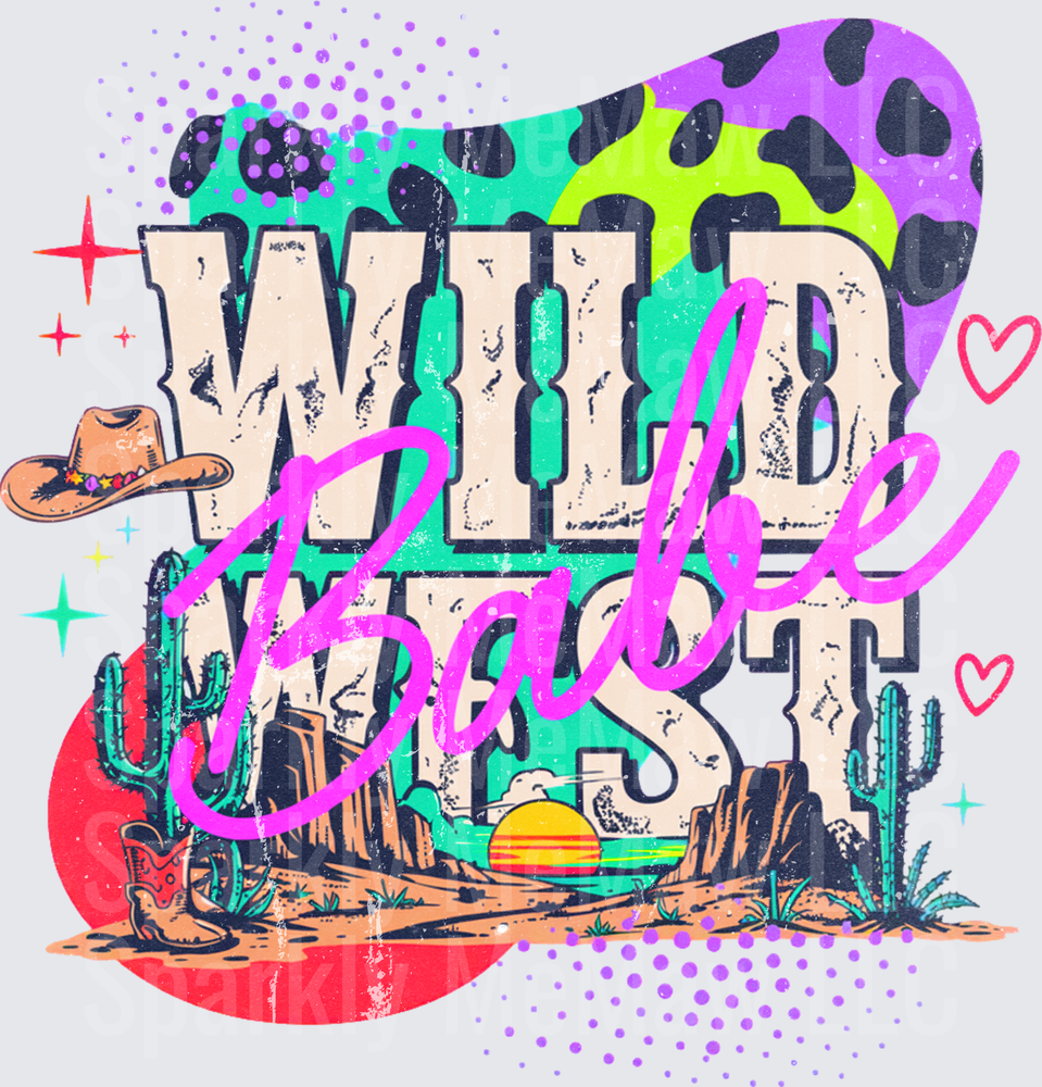 Wild West Babe Retro Western Desert Sunset Cowgirl UV DTF Decal with Cow Print Cowboy Hat Cactus and Colorful Pop Art Splashes