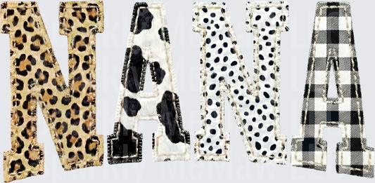 NANA Letters with Leopard Print Cow Print Polka Dots Buffalo Plaid Patterns UV DTF Decal