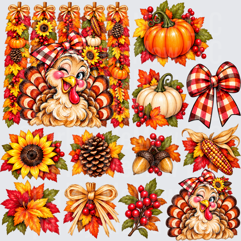 Thanksgiving Fall Turkey Elements 10x10 UV DTF Cut and Stick Element Sheet