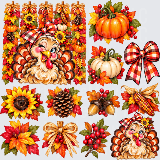 Thanksgiving Fall Turkey Elements 10x10 UV DTF Cut and Stick Element Sheet