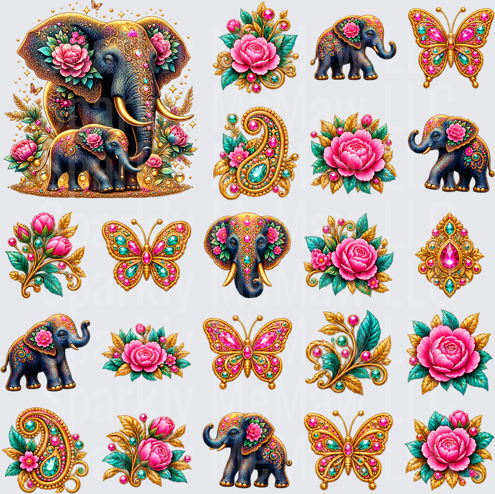Jeweled Elephant Floral Boho Bundle is a 10x10 UV DTF Cut and stick sheet