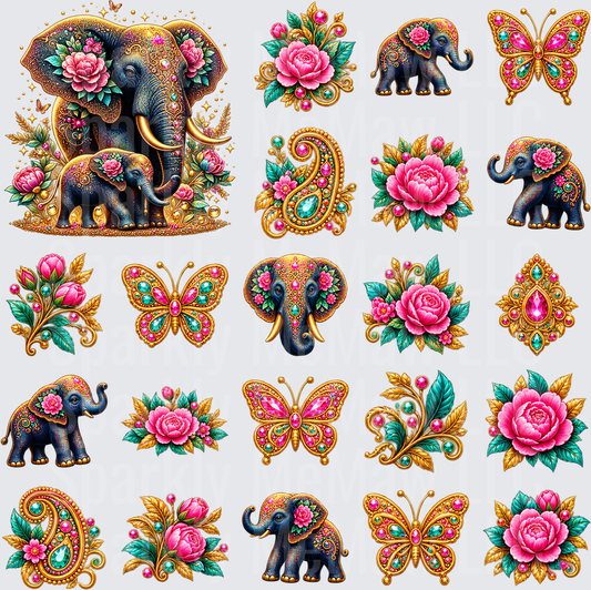 Jeweled Elephant Floral Boho Bundle is a 10x10 UV DTF Cut and stick sheet