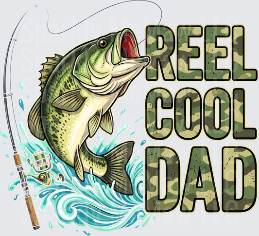 Reel Cool Dad Bass Fishing with Rod and Water Splash UV DTF Decal