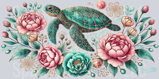 Sea Turtle with Roses 16 oz UV DTF Wrap