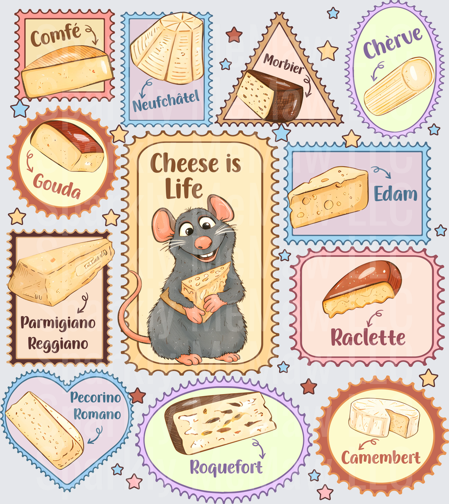 Cheese is Life Ratatouille Mouse with Vintage Cheese Stamps Collection DTF Transfer for Fabric
