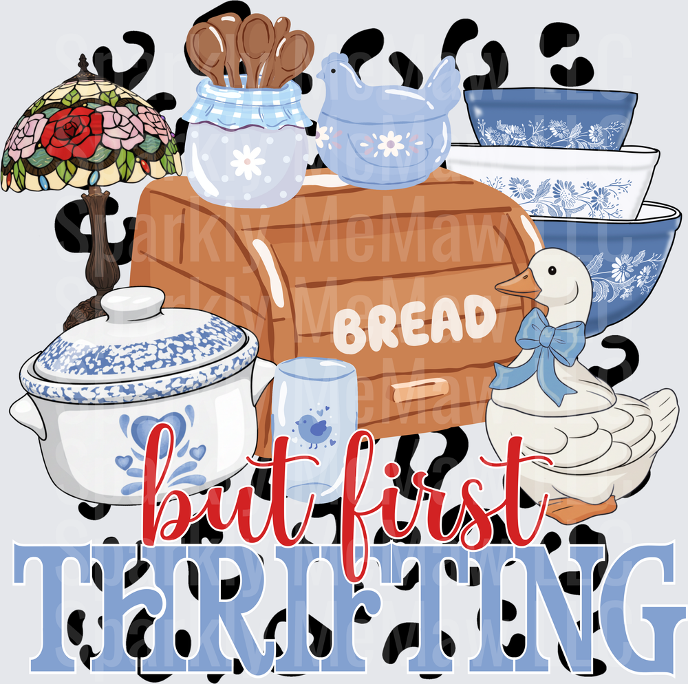 But First Thrifting Vintage Kitchen Items with Cow Print Pattern UV DTF Decal