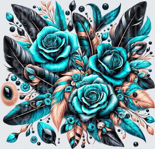Teal Roses Feathers Boho Bouquet is a DTF Transfer for Fabrics
