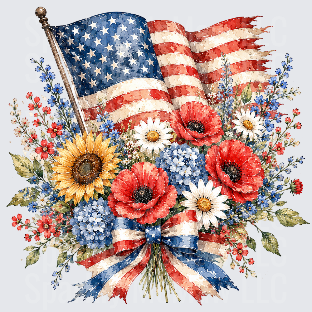 American Flag with Patriotic Wildflower Bouquet and Red White Blue Ribbon - UV DTF Decal