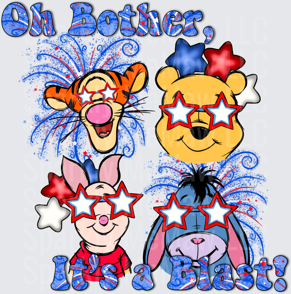 Oh Bother It's a Blast Winnie the Pooh Tigger Piglet Eeyore Fourth of July Fireworks UV DTF Decal