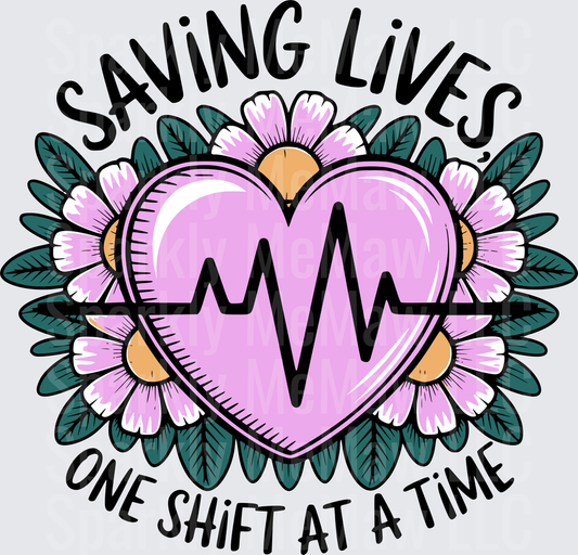 Saving Lives One Shift at a Time Pink Heart with Heartbeat and Flowers UV DTF Decal