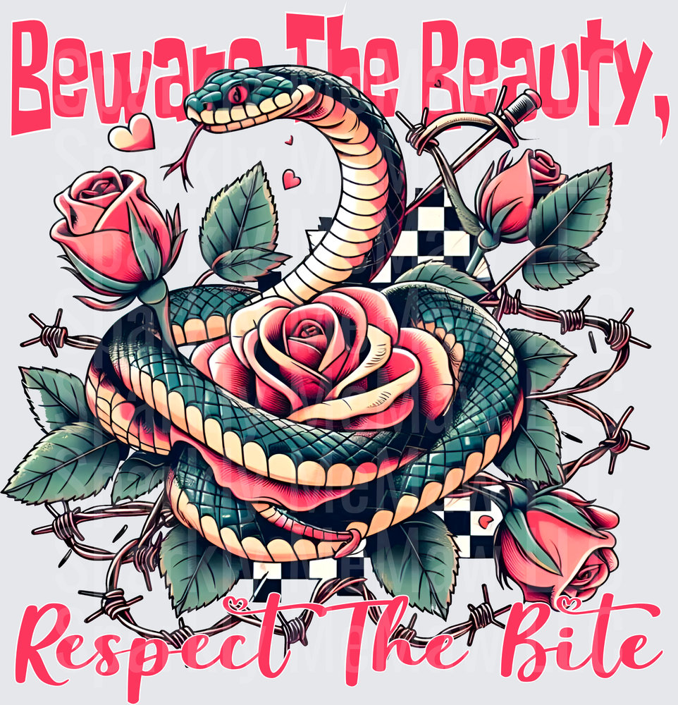 Snake Wrapped Around Roses with Beware The Beauty Respect The Bite Text - UV DTF Decal