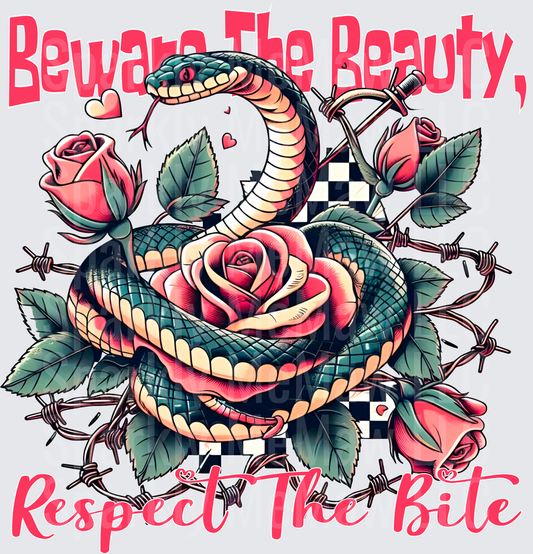 Snake Wrapped Around Roses with Beware The Beauty Respect The Bite Text - UV DTF Decal