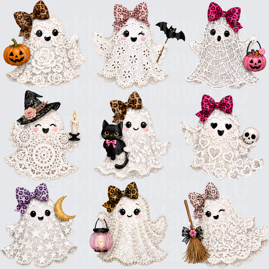 Cute Lace Doily Ghost Girls Halloween Bundle with Bows Pumpkins Black Cat Witch Hat Skull Broom Moon UV DTF 10x10 element sheet