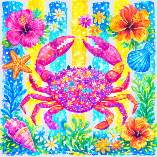 Tropical Rainbow Crab with Hibiscus Flowers and Seashells UV DTF Decal