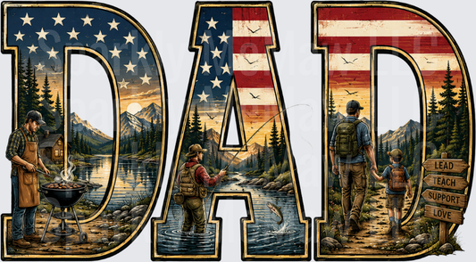 Patriotic DAD American Flag Wilderness Outdoor Adventure Scene UV DTF Decal