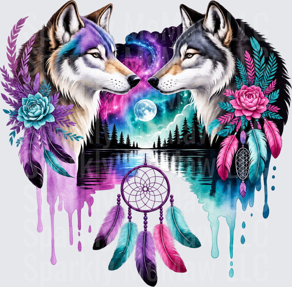 Two Wolves Moonlit Dreamcatcher is a DTF Transfer for Fabrics
