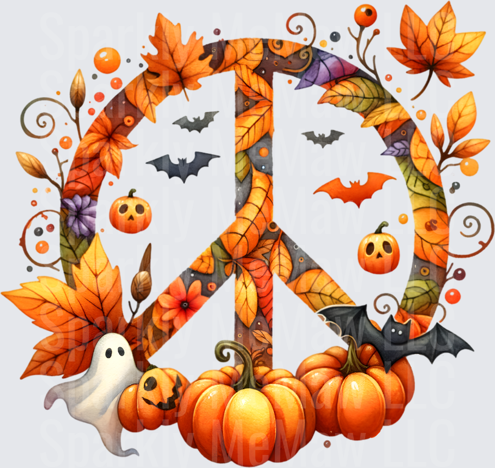 Halloween Peace Sign with Autumn Leaves Pumpkins Bats and Ghost DTF Transfer
