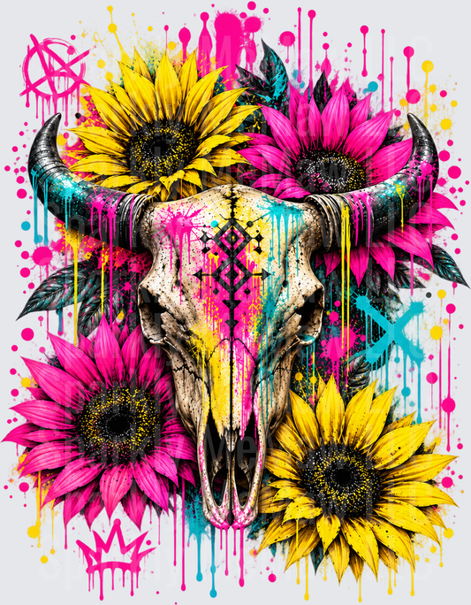 Boho Bull Skull Sunflowers Drip is a DTF Transfer for Fabrics