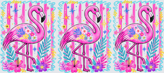 Pink Flamingo with Tropical Flowers and Palm Leaves UV DTF Decal