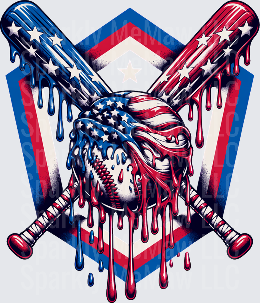 American Flag Baseball Bat Cross with Dripping Paint Effect DTF Transfer
