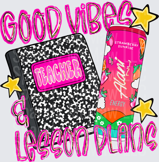 Good Vibes & Lesson Plans Teacher Composition Notebook Alani Nu Strawberry Sunrise Energy Can DTF Transfer for fabrics