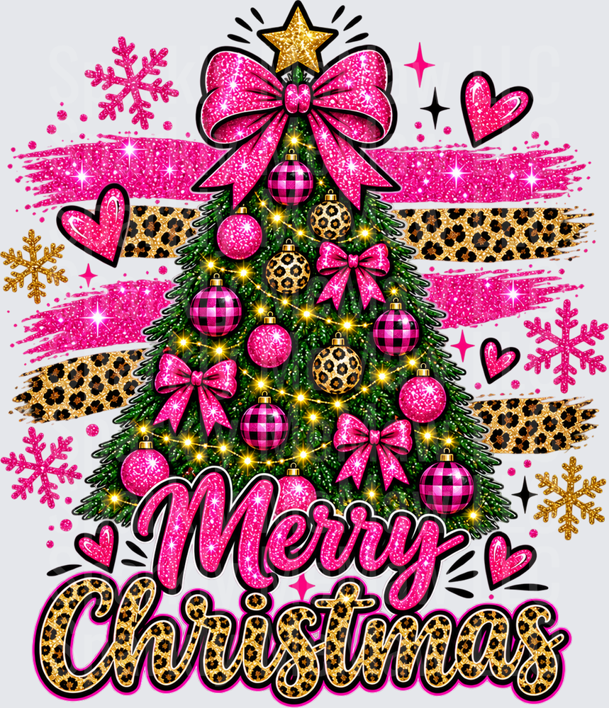 Pink Leopard Merry Christmas Tree DTF Transfer for Fabrics