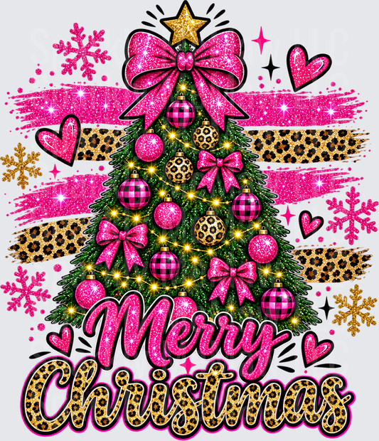 Pink Leopard Merry Christmas Tree DTF Transfer for Fabrics