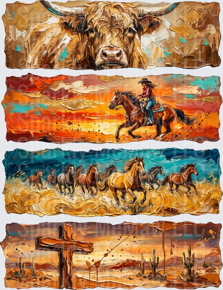 Western Ranch Life Highland Cow Cowboy Wild Horses Desert Landscape UV DTF Decal