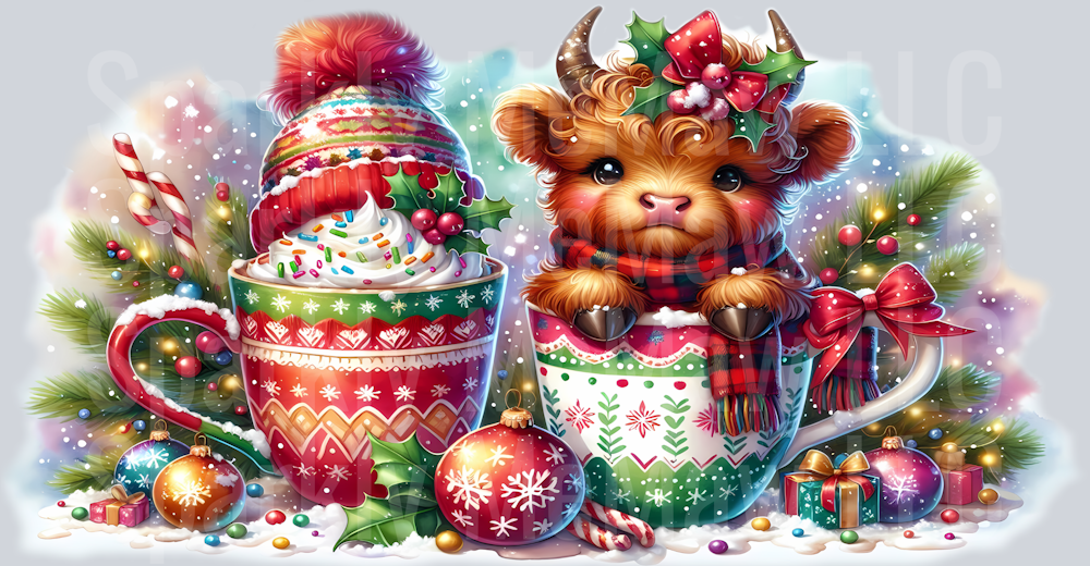 Christmas cow with mug uv dtf wrap