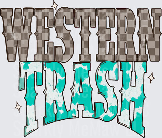 Western Trash Retro Text Design with Checkered Brown and Turquoise Colors UV DTF Decal