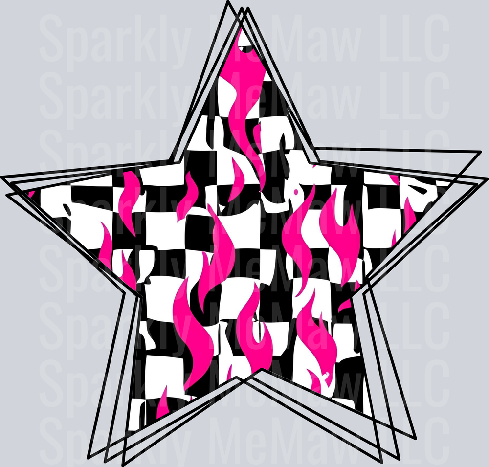Checkered Star with Pink Flames UV DTF Decal