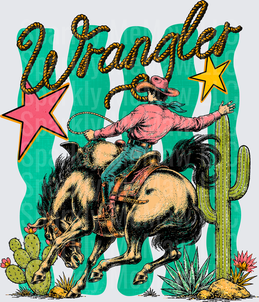 Vintage Western Cowboy Wrangler Rope Lasso Rodeo Horse Desert Cactus Stars DTF Transfer