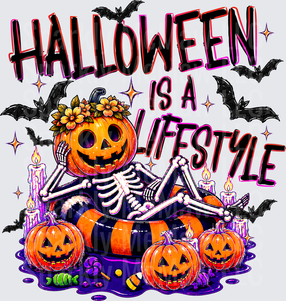 Halloween Is A Lifestyle Skeleton with Pumpkin Head Surrounded by Jack-O-Lanterns and Flying Bats DTF Transfer for Fabric