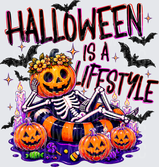 Halloween Is A Lifestyle Skeleton with Pumpkin Head Surrounded by Jack-O-Lanterns and Flying Bats DTF Transfer for Fabric