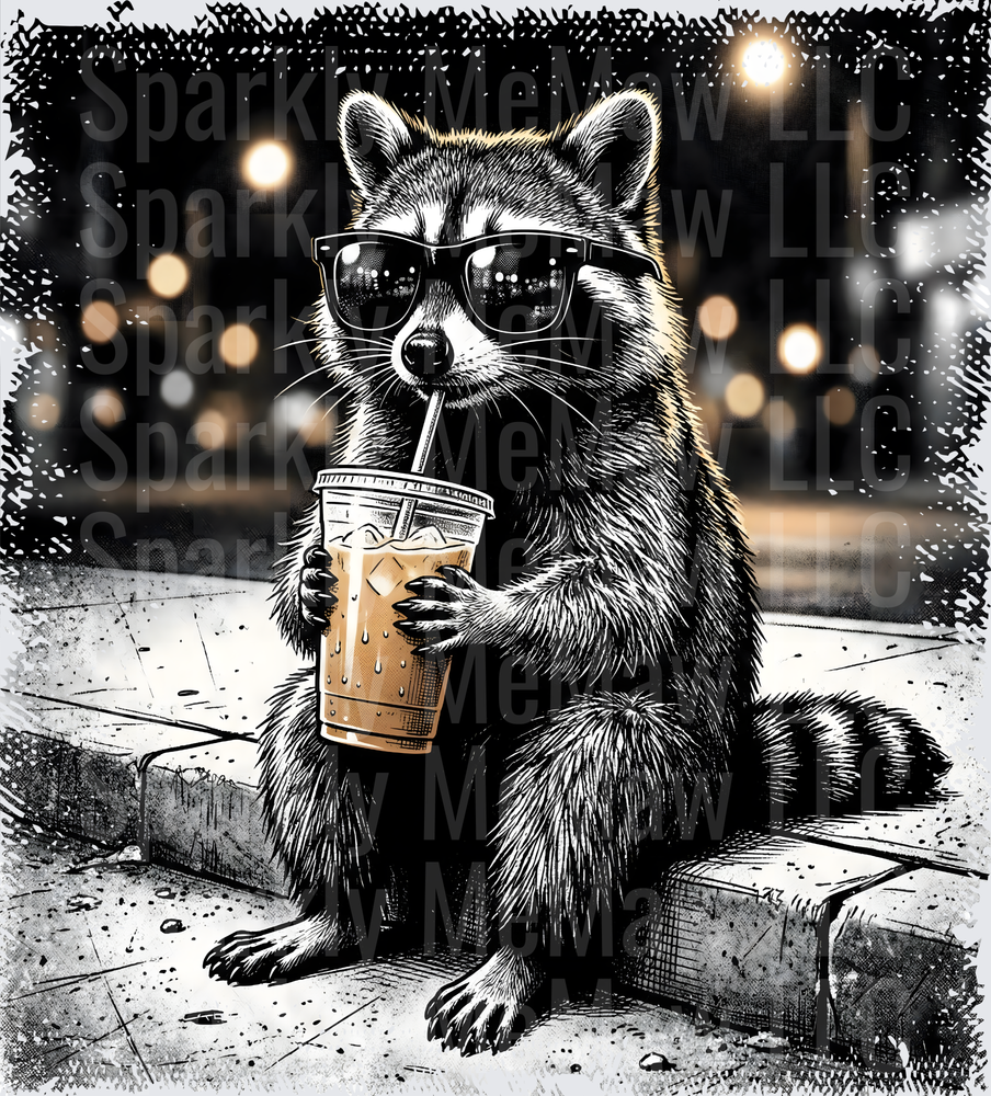 Cool Raccoon with Sunglasses Drinking Iced Coffee Urban Night Scene