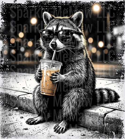 Cool Raccoon with Sunglasses Drinking Iced Coffee Urban Night Scene