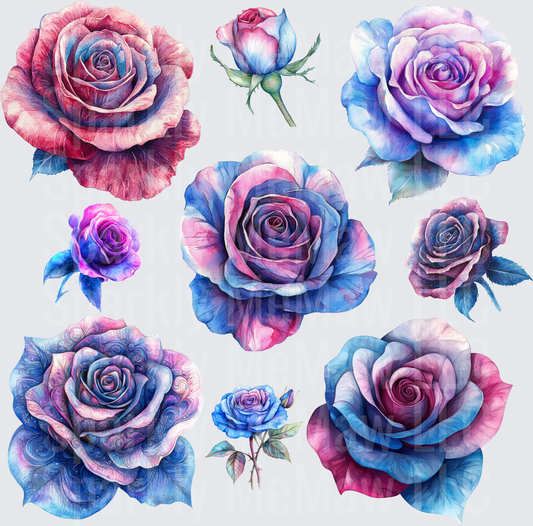 Watercolor Blue Purple Roses UV DTF 10x10 inch cut and stick sheet