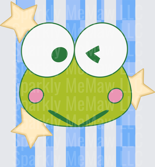 Keroppi Winking Cute Frog Face with Stars Blue Checkered Background DTF Transfer for Fabrics