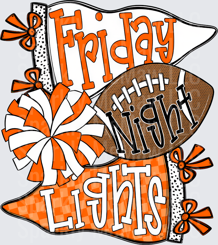 Friday Night Lights Orange and White Football Pennant Cheer Pom Pom Design DTF Transfer for Fabrics