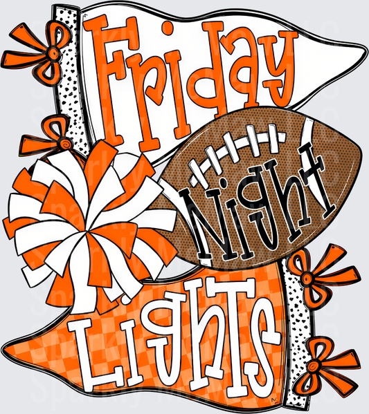 Friday Night Lights Orange and White Football Pennant Cheer Pom Pom Design DTF Transfer for Fabrics