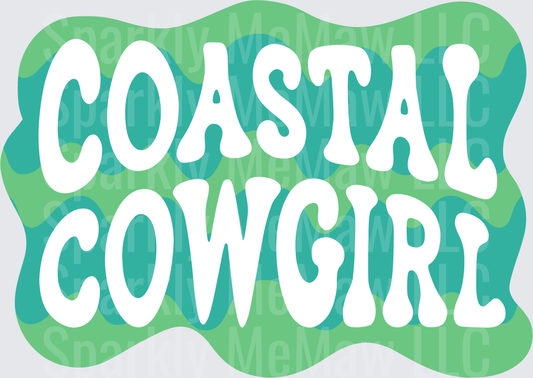 Coastal Cowgirl Text on Green Wavy Background UV DTF Decal