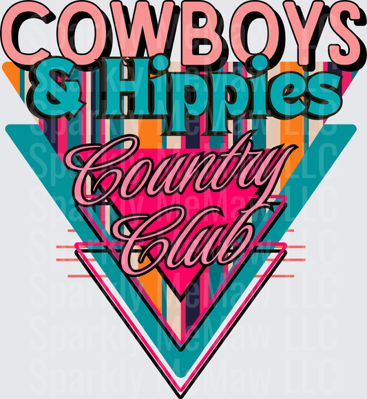 Cowboys and Hippies Country Club Retro 80s Style Typography UV DTF Decal