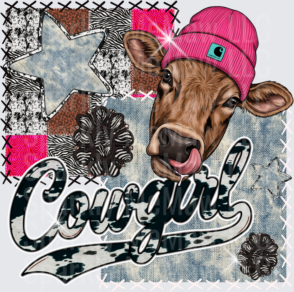 Cowgirl Brown Cow in Pink Beanie with Patchwork Star Background UV DTF Decal